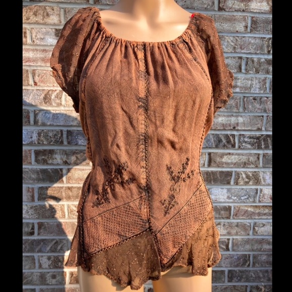 Scully Embroidered Brown Fairy Grunge Fairycore Witchy Whimsygoth Boho Top - Picture 2 of 9
